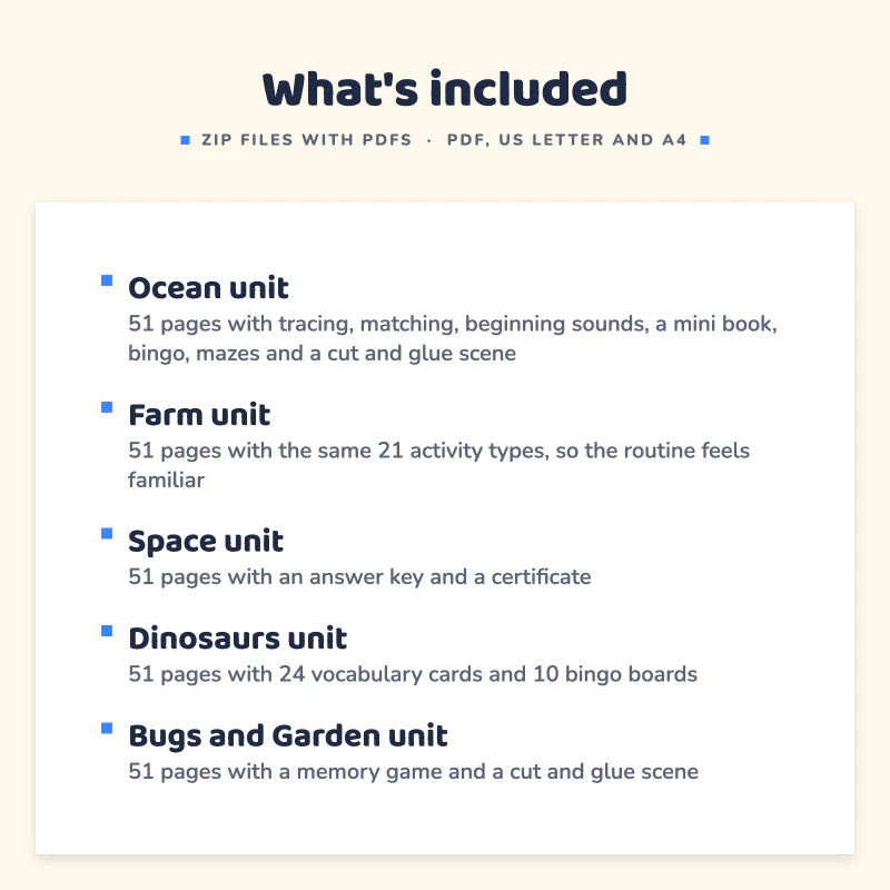List of what is included in Theme Units Mega Bundle: Ocean unit, Farm unit, Space unit, Dinosaurs unit, Bugs and Garden unit.