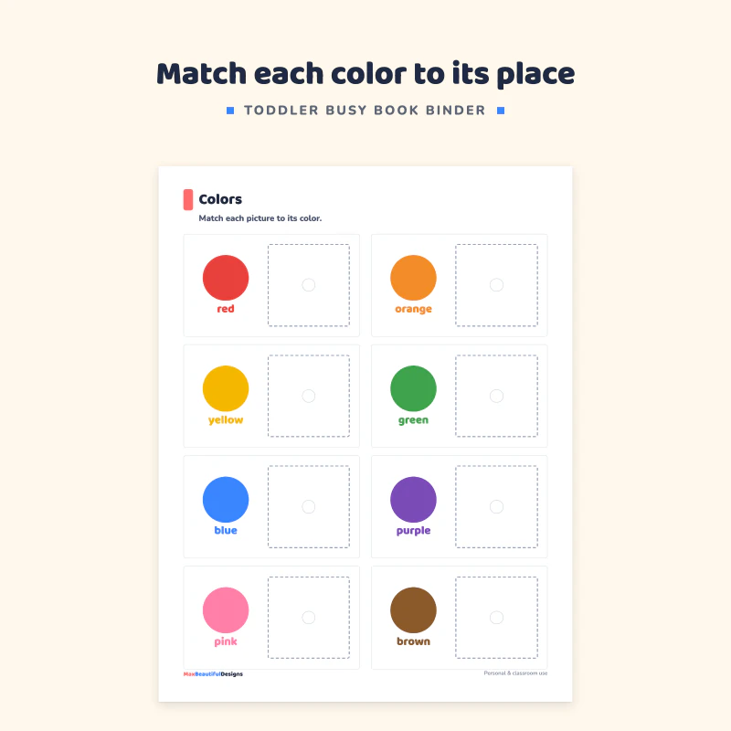 Colors page with eight colored circles named red, orange, yellow, green, blue, purple, pink and brown, each with a dashed box for the matching piece