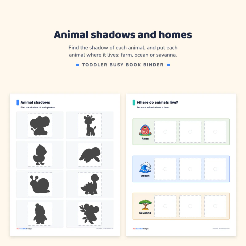 Animal shadows page with eight dark silhouettes, next to a where do animals live page with farm, ocean and savanna rows