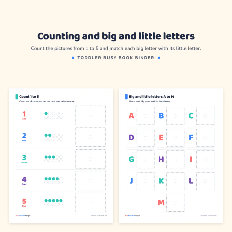 Count 1 to 5 page with numbers, dot rows and boxes, next to a big and little letters A to M matching page
