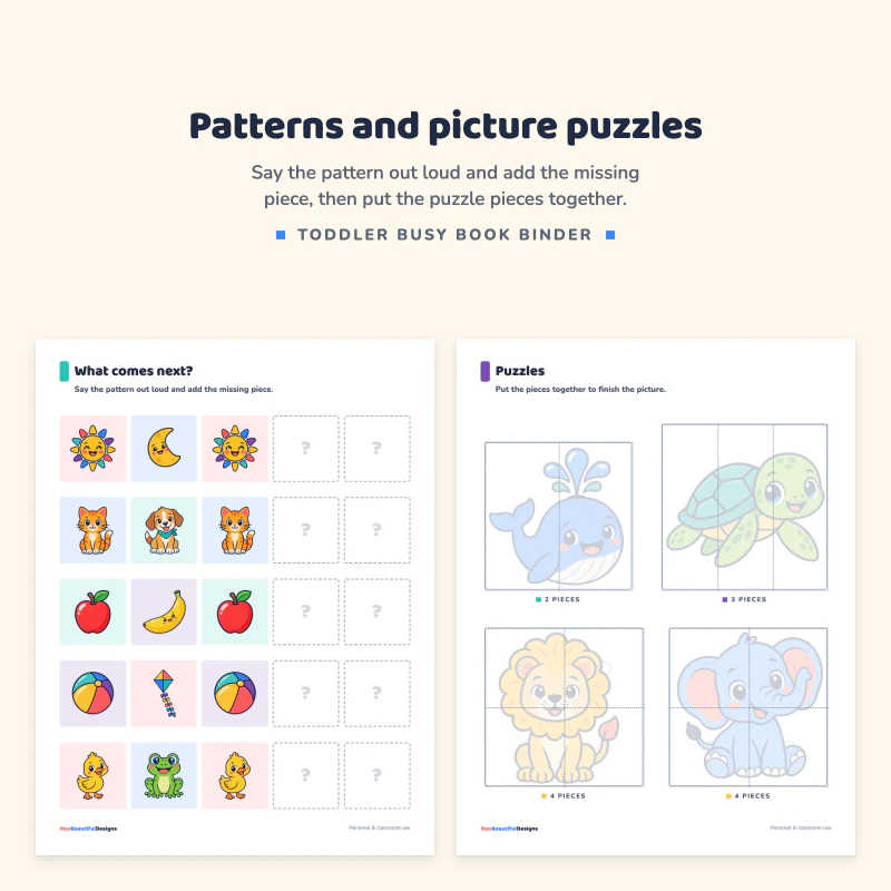 What comes next pattern page with rows of pictures and empty boxes, next to a puzzles page with a whale, turtle, lion and elephant