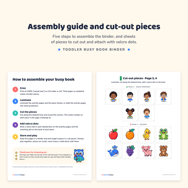 How to assemble your busy book page with five numbered steps, next to a cut-out pieces sheet with faces, colored fruit and animals