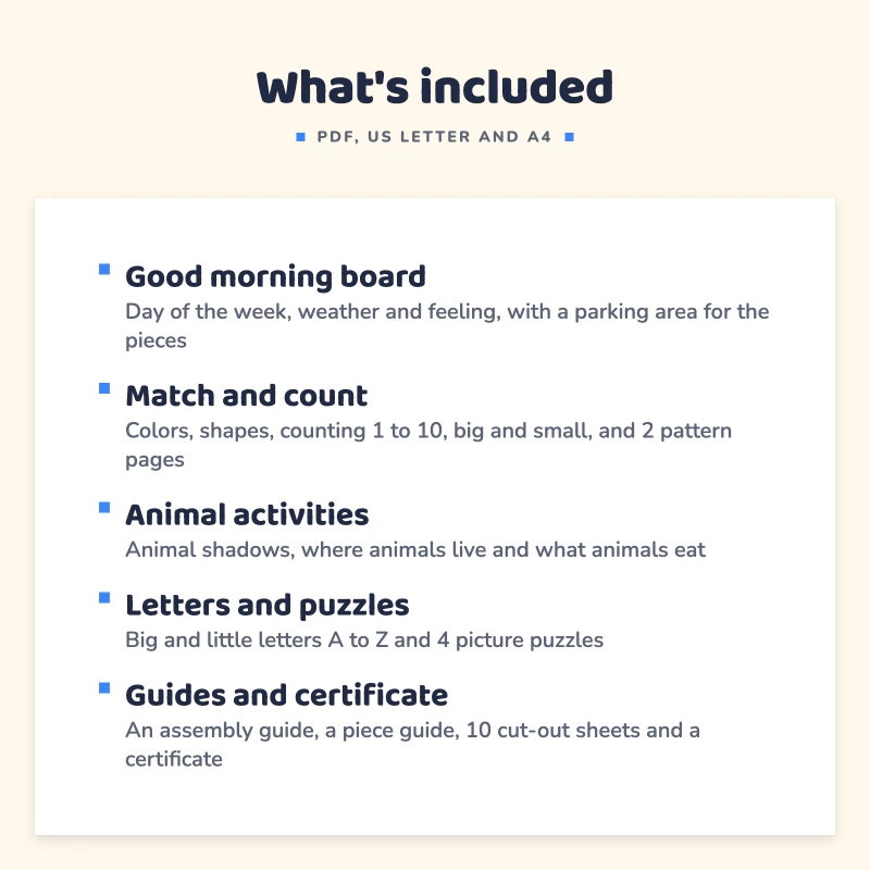 List of what is included in Toddler Busy Book Binder: Good morning board, Match and count, Animal activities, Letters and puzzles, Guides and certificate.