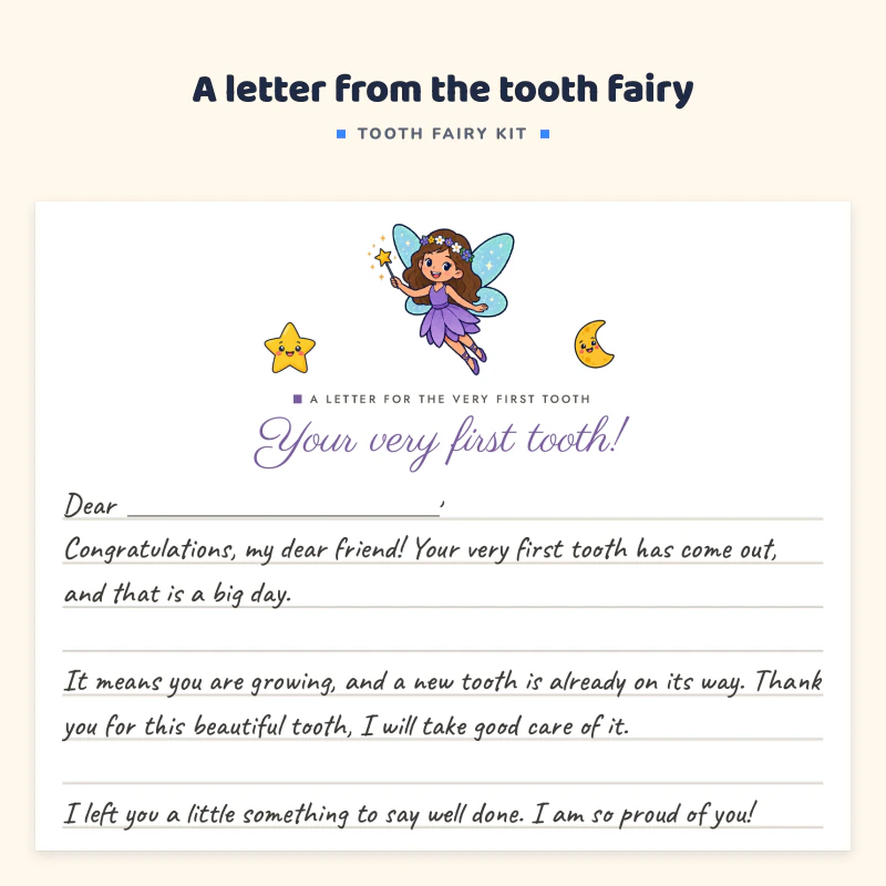 Top of a tooth fairy letter: a fairy with stars, the title Your very first tooth, a Dear line and a handwritten style message that ends with a space for the child's name