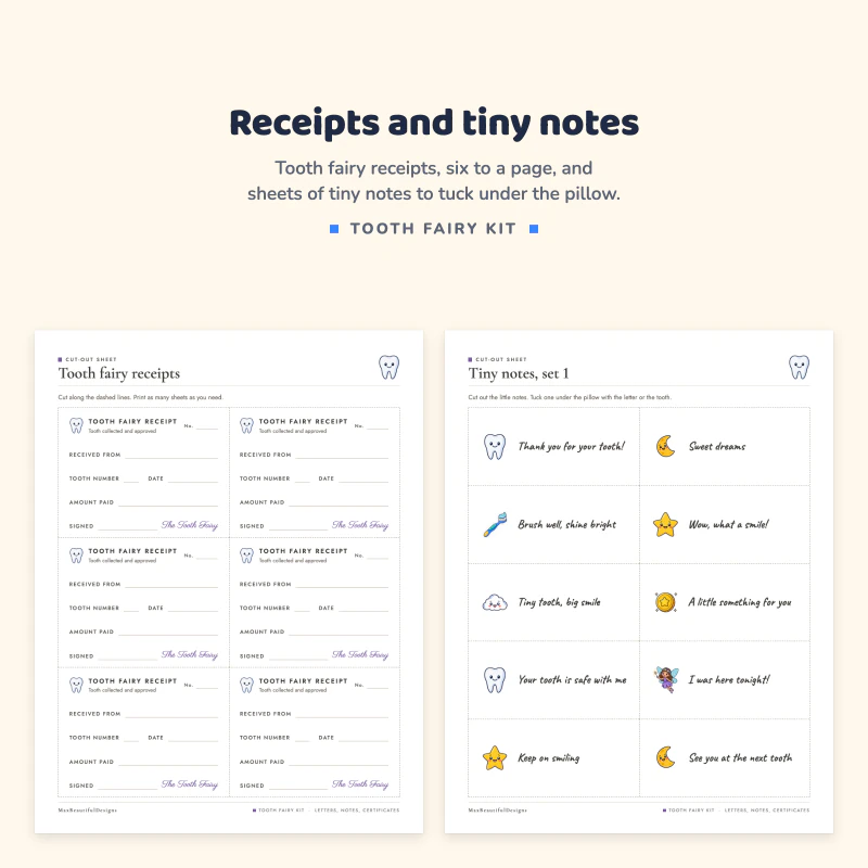 Tooth fairy receipts page with six receipts, next to a tiny notes page with short messages like Sweet dreams and Brush well, shine bright