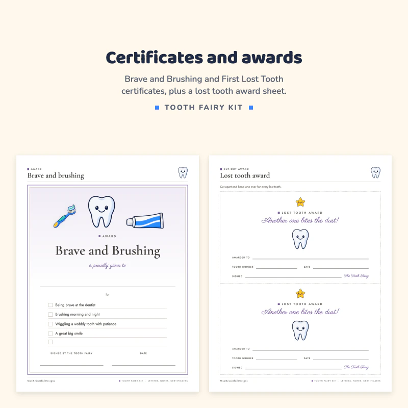 Brave and Brushing certificate with a toothbrush and tooth, next to a lost tooth award sheet with two awards