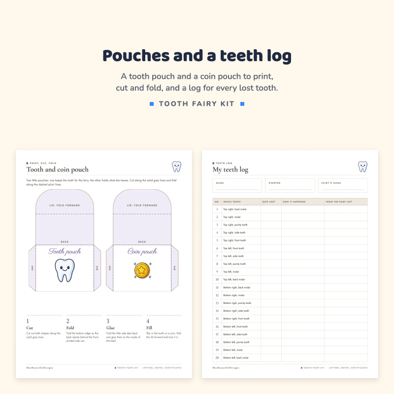 Cut-out tooth pouch and coin pouch page with fold lines, next to a my teeth log table for all 20 baby teeth