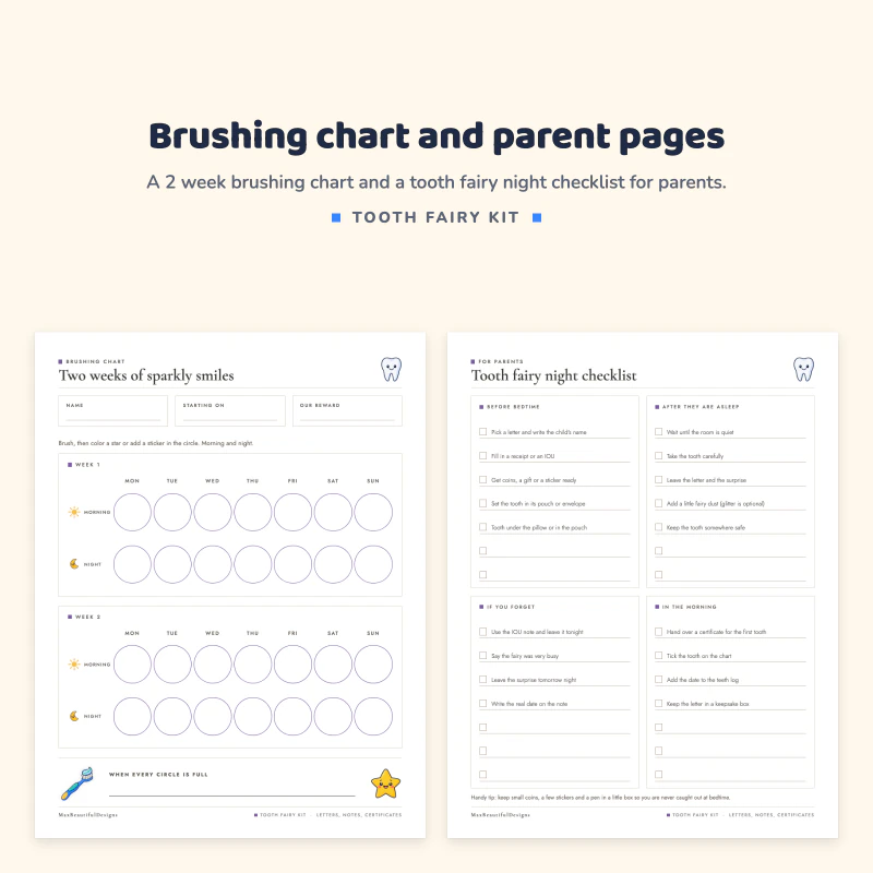 Two weeks of sparkly smiles brushing chart with circles for morning and night, next to a tooth fairy night checklist