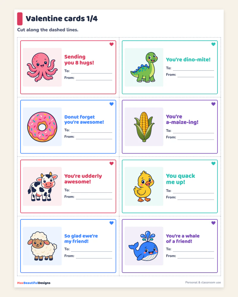 Top of the valentine cards page: octopus, dinosaur, donut and corn cards with puns and To and From lines