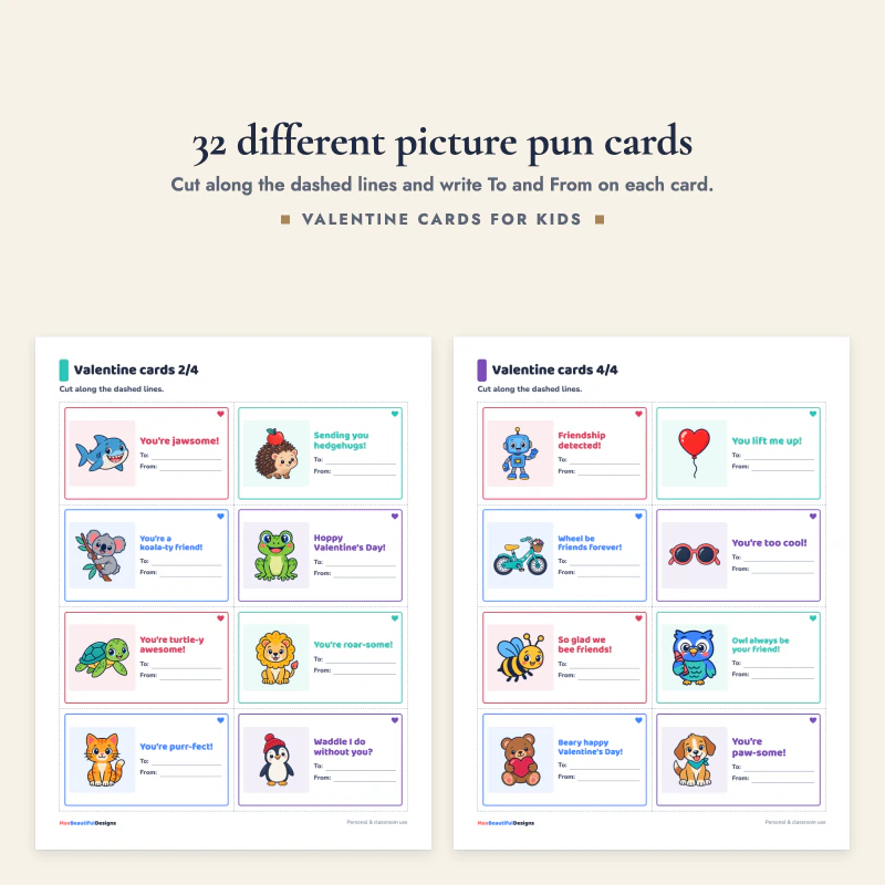 Two pages of valentine cards with animals, fruit and objects, each with a short friendship pun