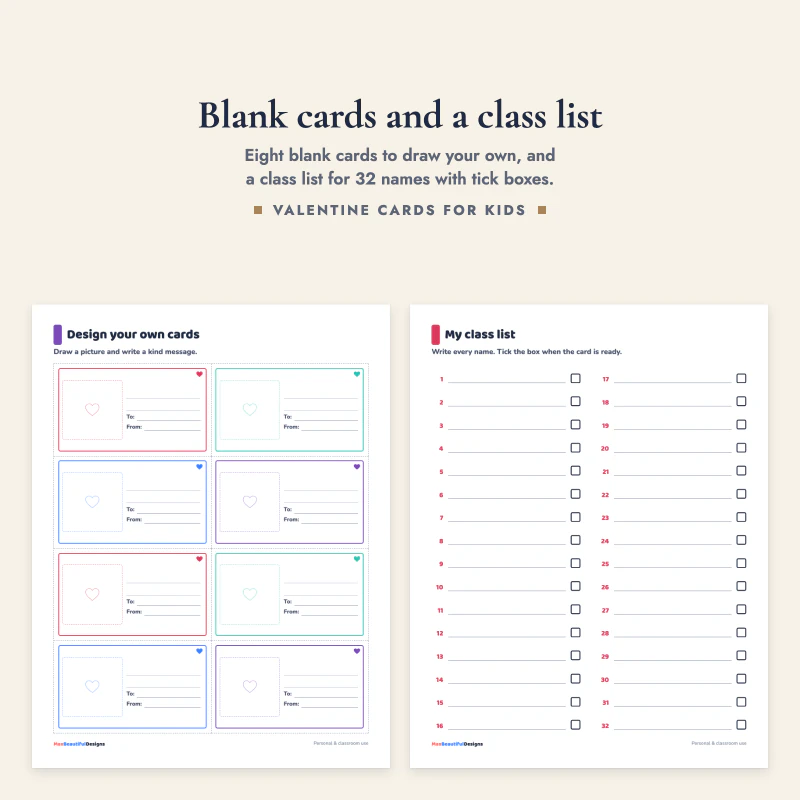 A page of eight blank valentine cards next to the My class list page with numbered lines and tick boxes
