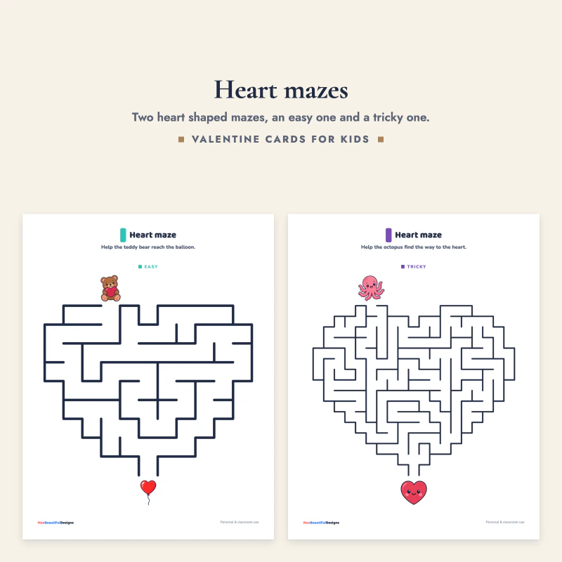 An easy heart maze with a teddy bear and a balloon, next to a tricky heart maze with an octopus