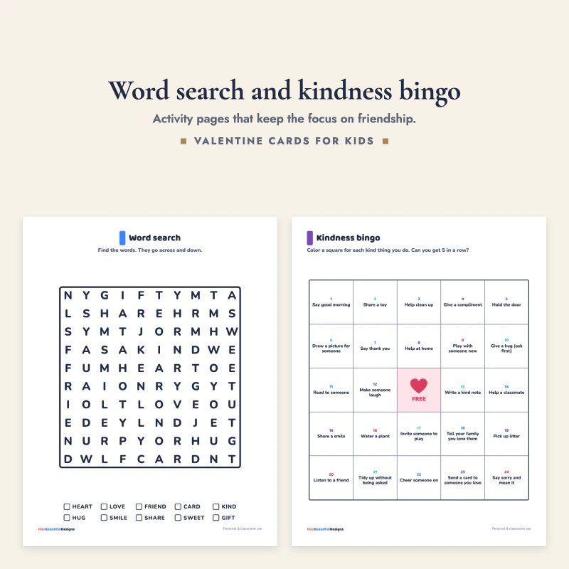 A Valentine word search with a word list next to a kindness bingo grid with a heart in the middle