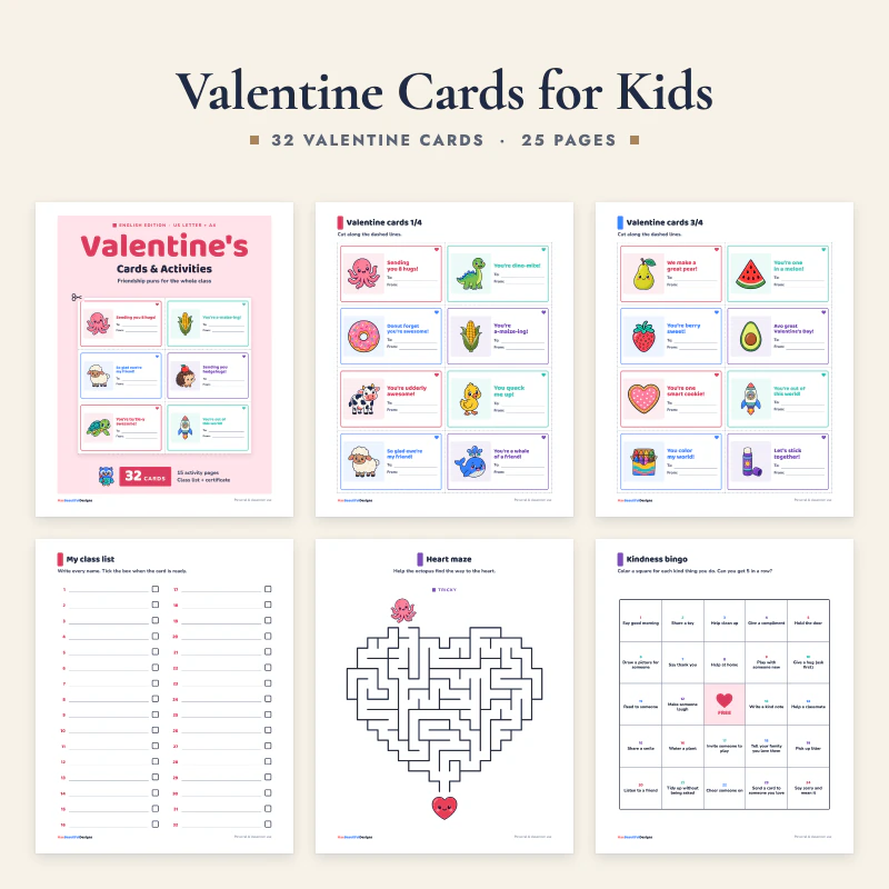 Valentine cards for kids: the cover, two pages of picture pun valentine cards, the class list, a heart maze and kindness bingo