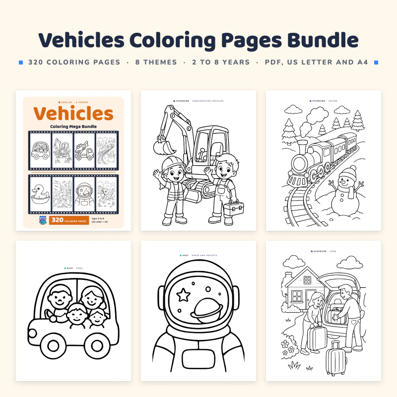 Vehicles Coloring Pages Bundle, cover image