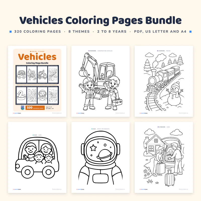 Vehicles Coloring Pages Bundle, cover image
