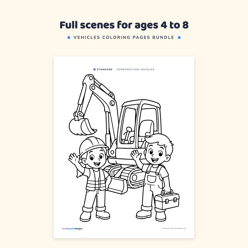 Standard page from the construction vehicles theme: an excavator with a boy and a girl in hard hats, drawn with bold clean outlines