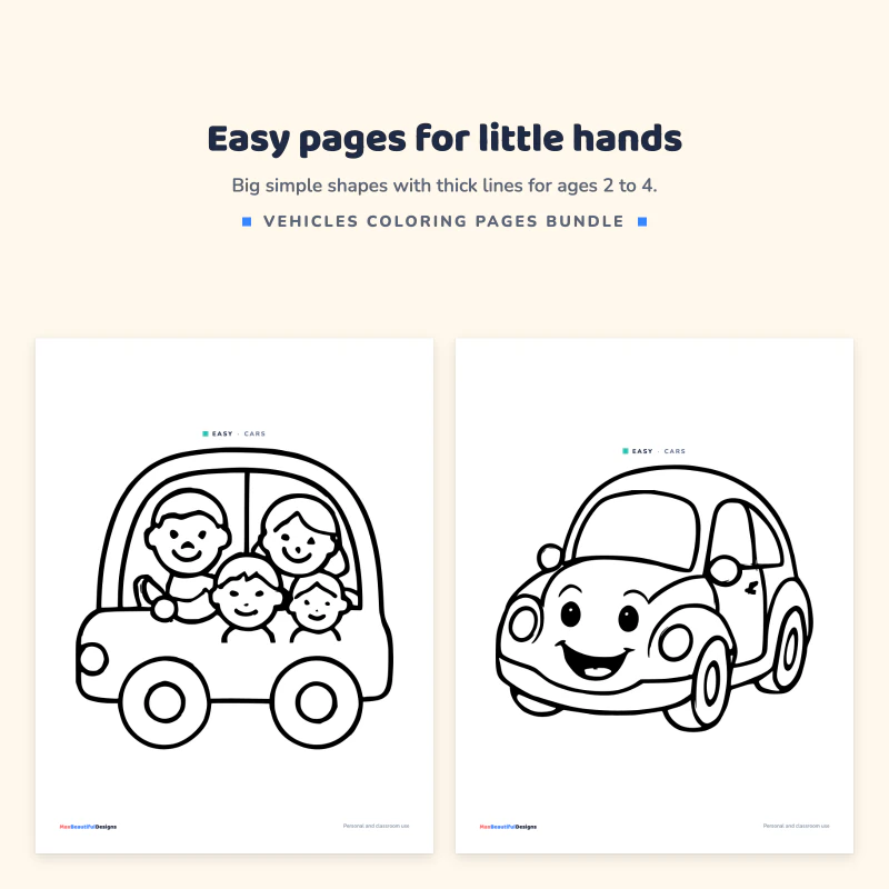 Two easy car pages: a family smiling in a car and a smiling car with big wheels, both with bold outlines