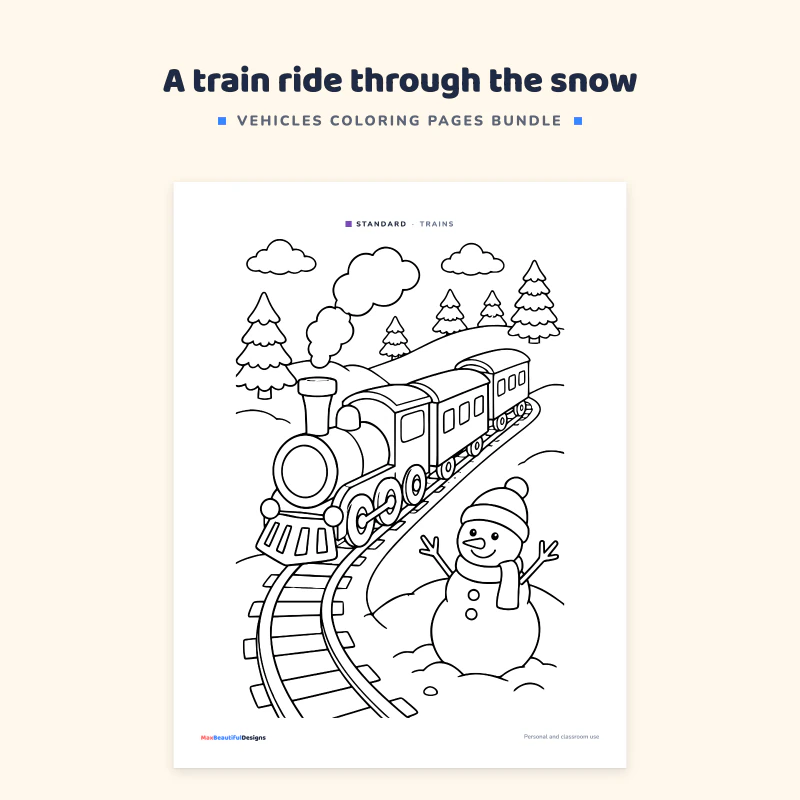 Standard trains page with a steam locomotive, wagons, a snowman and fir trees