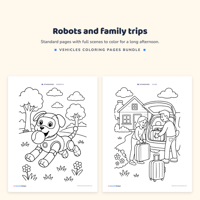 A robot dog running through a meadow with trees next to a family loading suitcases into a car in front of a house