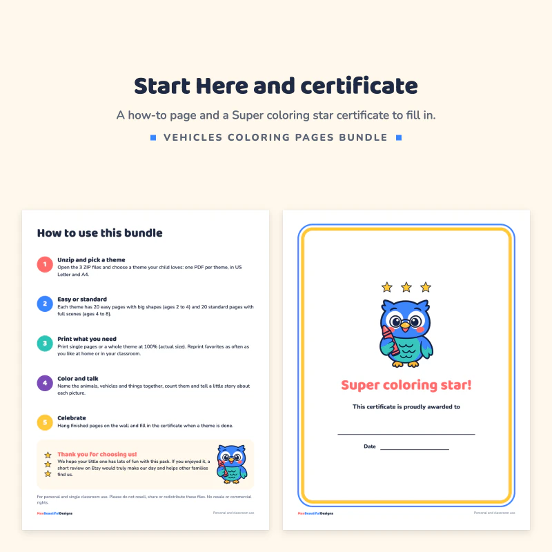 How to use this bundle page with five numbered steps next to a Super coloring star certificate with Ollie the owl