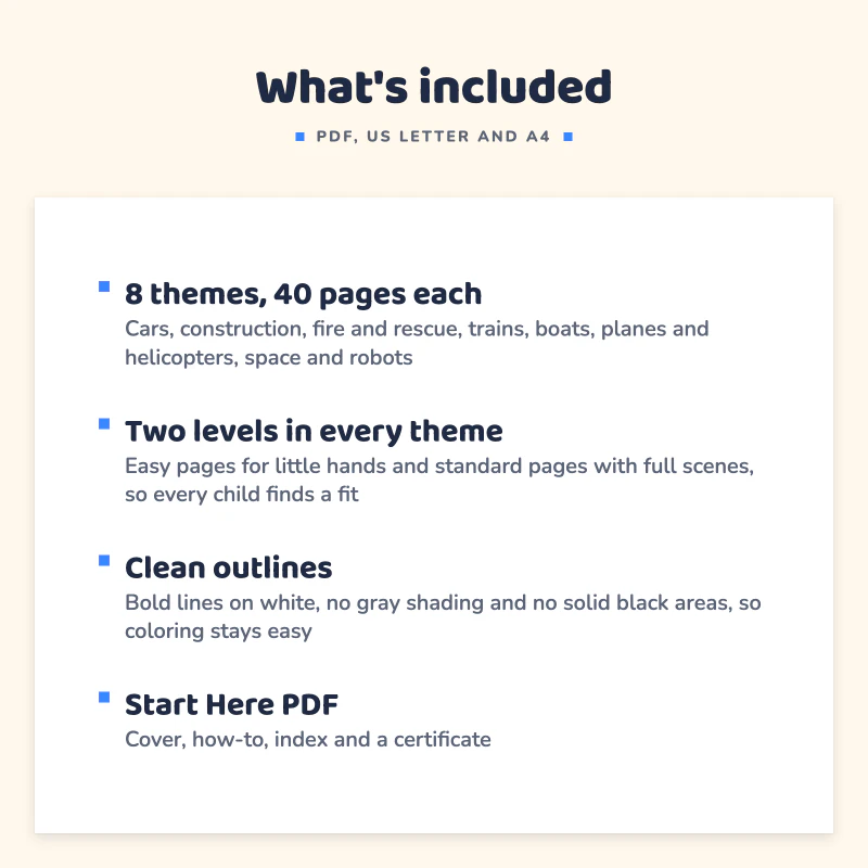 List of what is included in Vehicles Coloring Pages Bundle: 8 themes, 40 pages each, Two levels in every theme, Clean outlines, Start Here PDF.