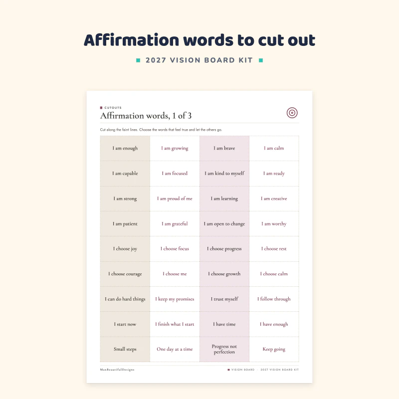 Affirmation words page 1 of 3 with cut out strips such as I am enough, I am capable and I choose joy in two colors