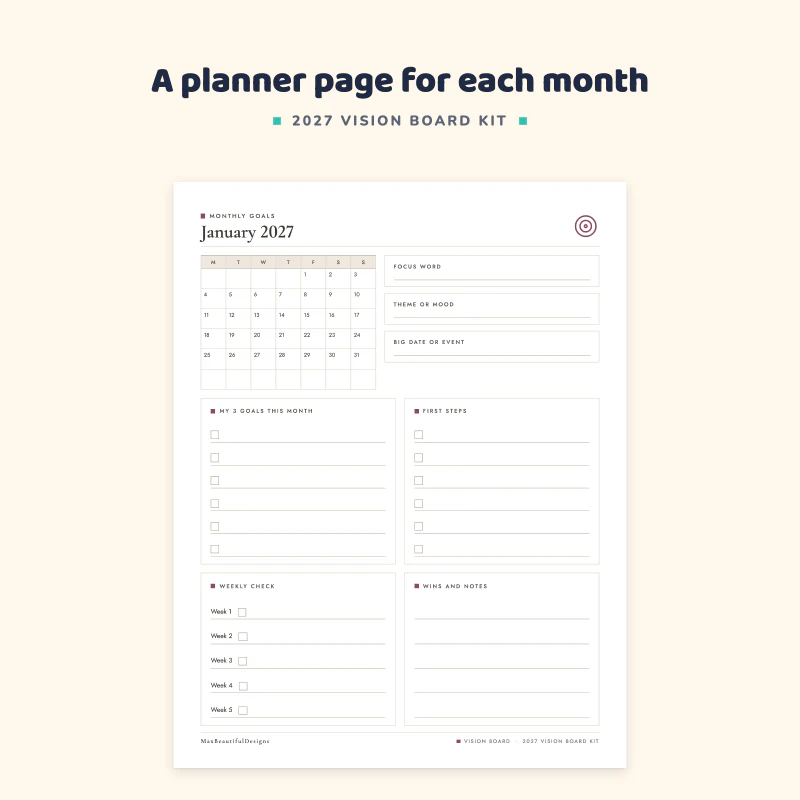 January 2027 goal planner with a mini calendar, focus word, my goals this month, first steps, weekly goals and wins and notes