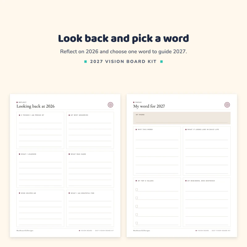 Looking back at 2026 page with boxes for what I loved and what I learned, next to a my word for 2027 page