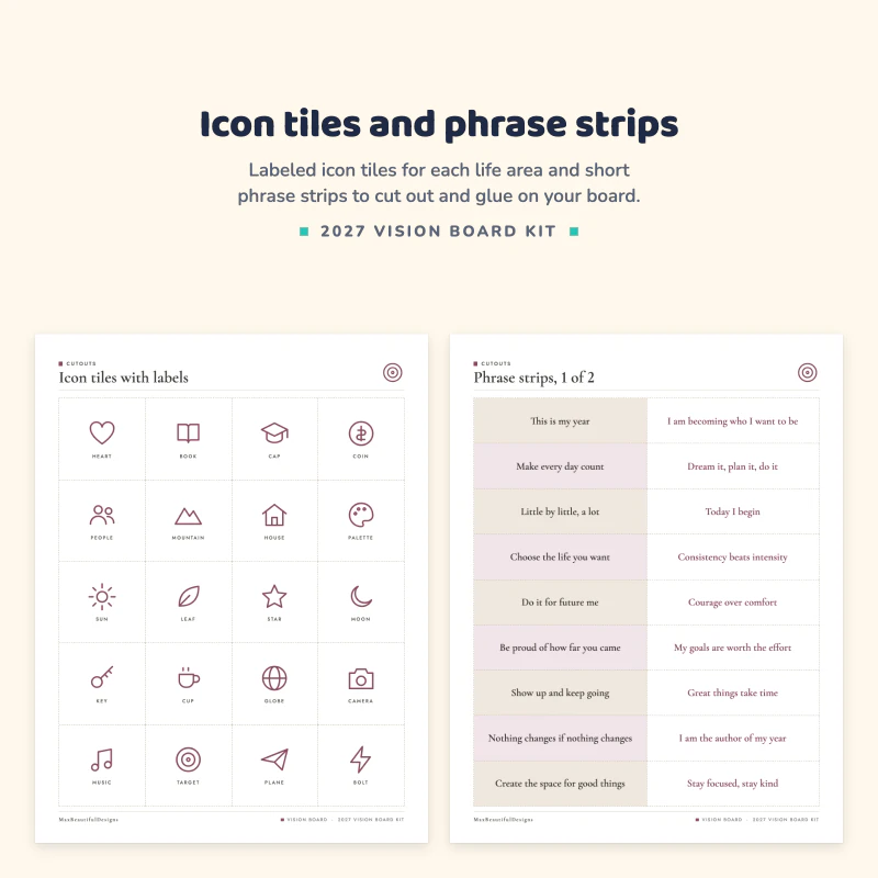 Icon tiles with labels such as health, study and travel, next to phrase strips such as dream it, plan it, do it