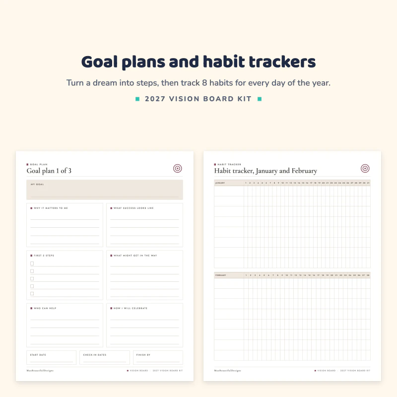 Goal plan page with why it matters and first steps, next to a habit tracker for January and February with a column for each day