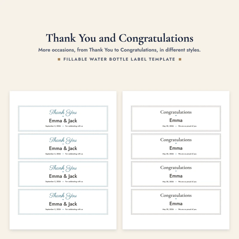 Wrap label pages reading Thank You, Emma and Jack, and Congratulations, Emma