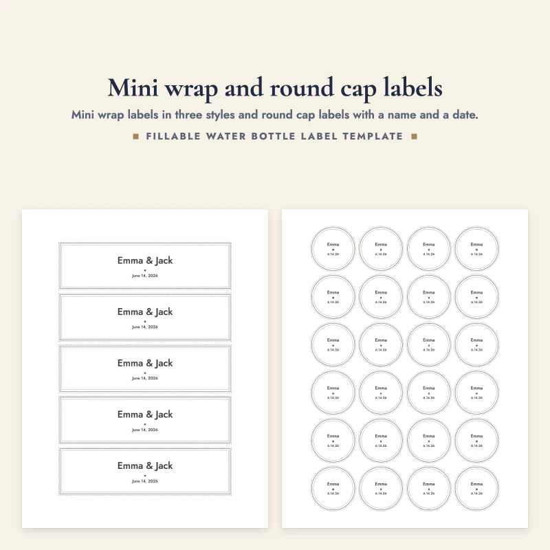 A mini wrap label page with Emma and Jack, next to a page of round cap labels