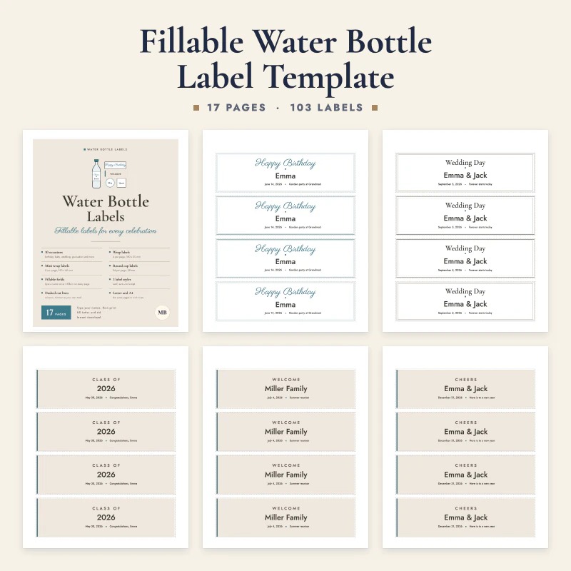 Fillable water bottle label template: the cover and five wrap label pages, Happy Birthday, Wedding Day, Class of 2026, Welcome and Cheers