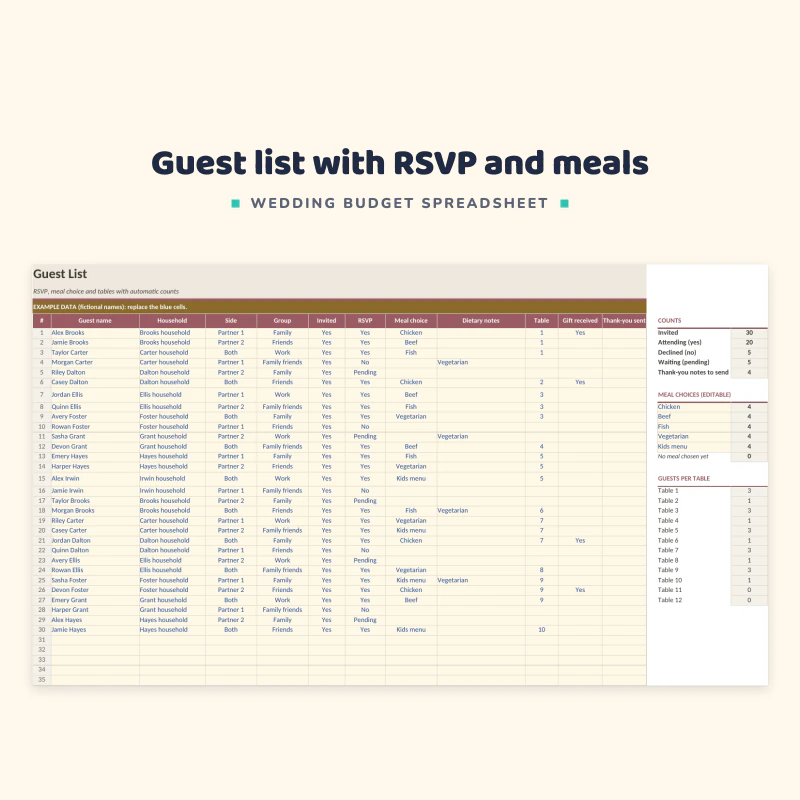 Guest list sheet up close: guest name, household, side, group, invited, RSVP, meal choice and dietary notes with example guests
