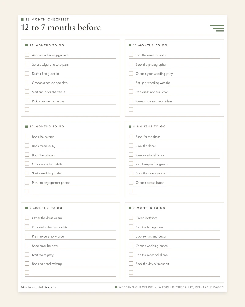 Month by month checklist for 12, 11, 10, 9, 8 and 7 months before the wedding with checkboxes and notes