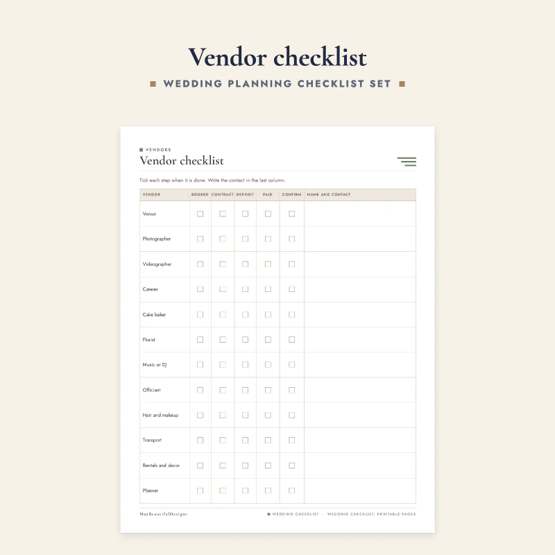 Vendor checklist with columns for booked, contract, deposit, paid and confirmed for vendors like venue, photographer and caterer