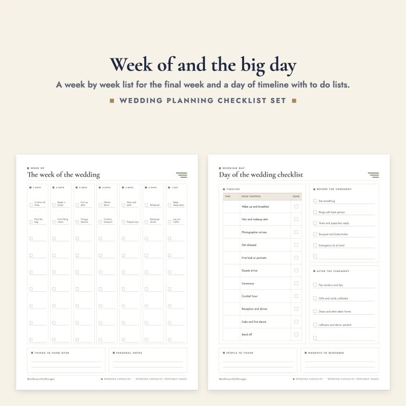 The week of the wedding page with seven day columns next to the day of the wedding checklist with a timeline