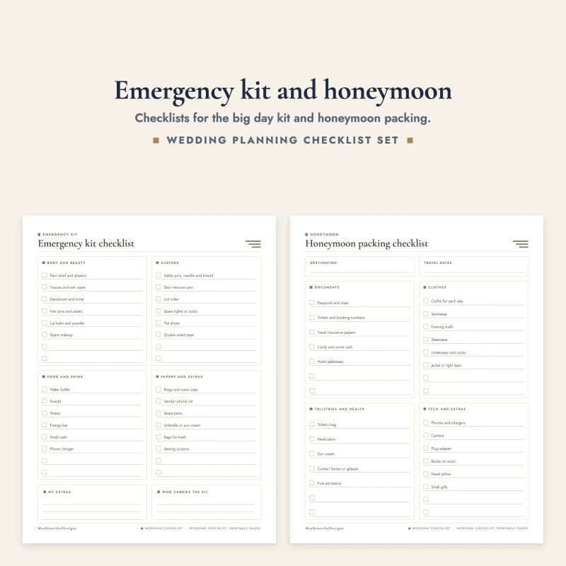 Emergency kit checklist next to the honeymoon packing checklist