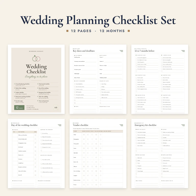 Wedding planning checklist set: the cover, key dates and deadlines, the 12 to 7 months checklist, the day of the wedding timeline, the vendor checklist and the emergency kit checklist