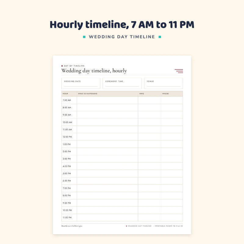 Wedding day timeline, hourly: wedding date, ceremony time and venue boxes and rows for each hour from 7 AM with what is happening, who and where