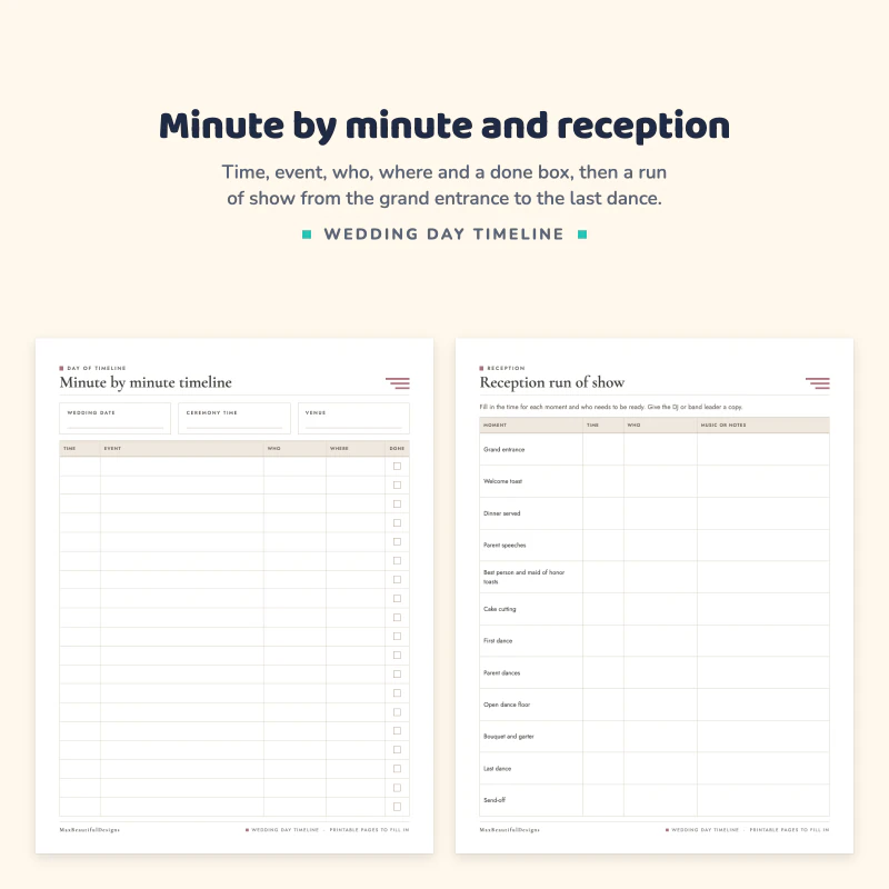 Minute by minute timeline with time, event, who, where and done columns, next to a reception run of show with grand entrance and welcome toast rows