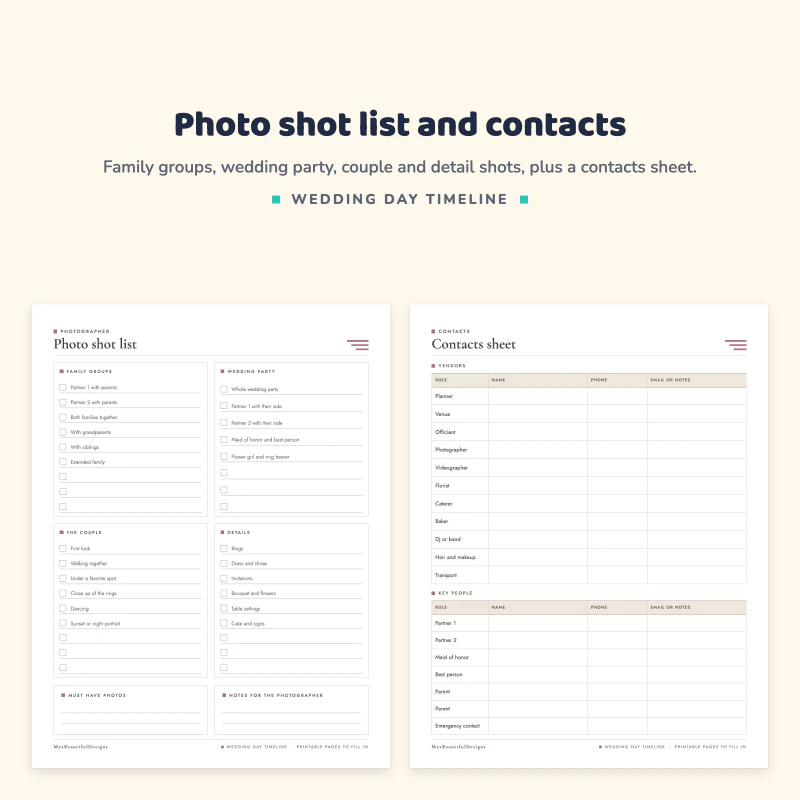 Photo shot list with check boxes for family groups, wedding party, the couple and details, next to a contacts sheet for vendors and key people
