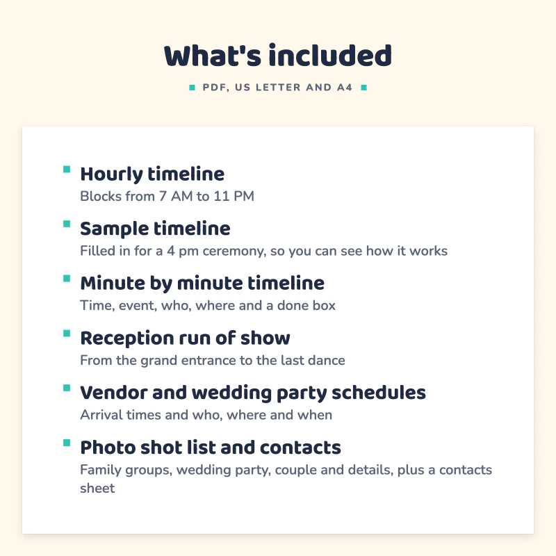 List of what is included in Wedding Day Timeline: Hourly timeline, Sample timeline, Minute by minute timeline, Reception run of show, Vendor and wedding party schedules, Photo shot list and contacts.