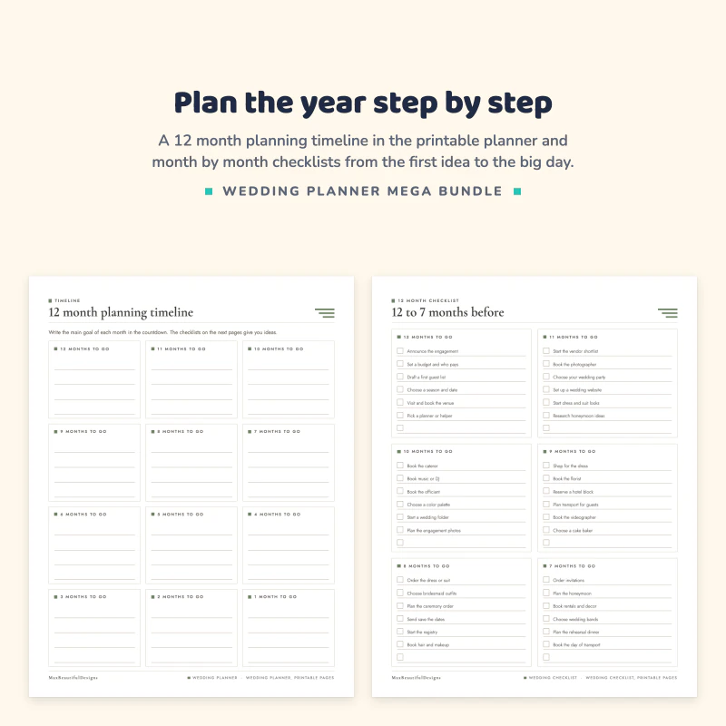 12 month planning timeline page with a box for each month, next to the 12 to 7 months before checklist page