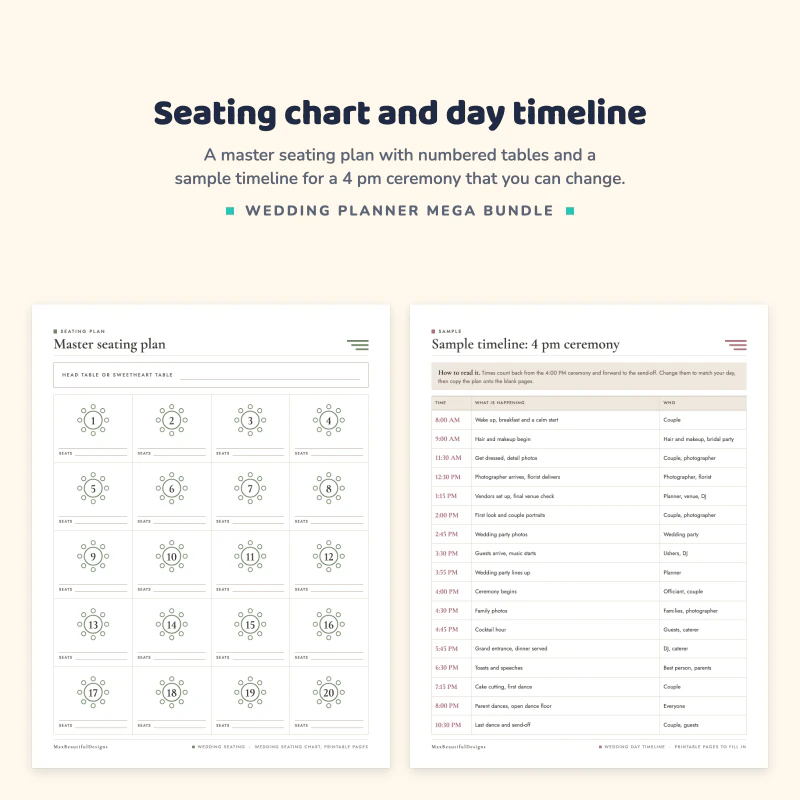 Master seating plan page with 20 numbered round tables, next to a sample wedding day timeline for a 4 pm ceremony