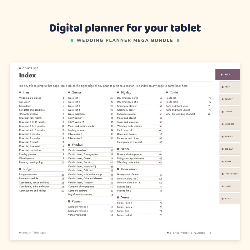 Index page of the digital wedding planner in landscape format with linked sections and side tabs