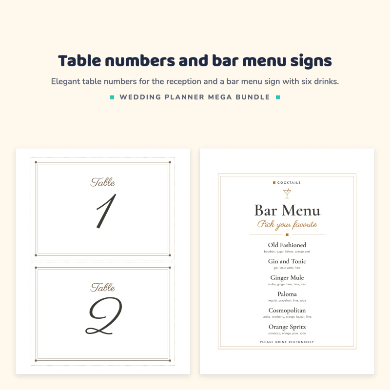 Table numbers page with Table 1 and Table 2 in script, next to a bar menu sign listing Old Fashioned, Gin and Tonic, Ginger Mule and more
