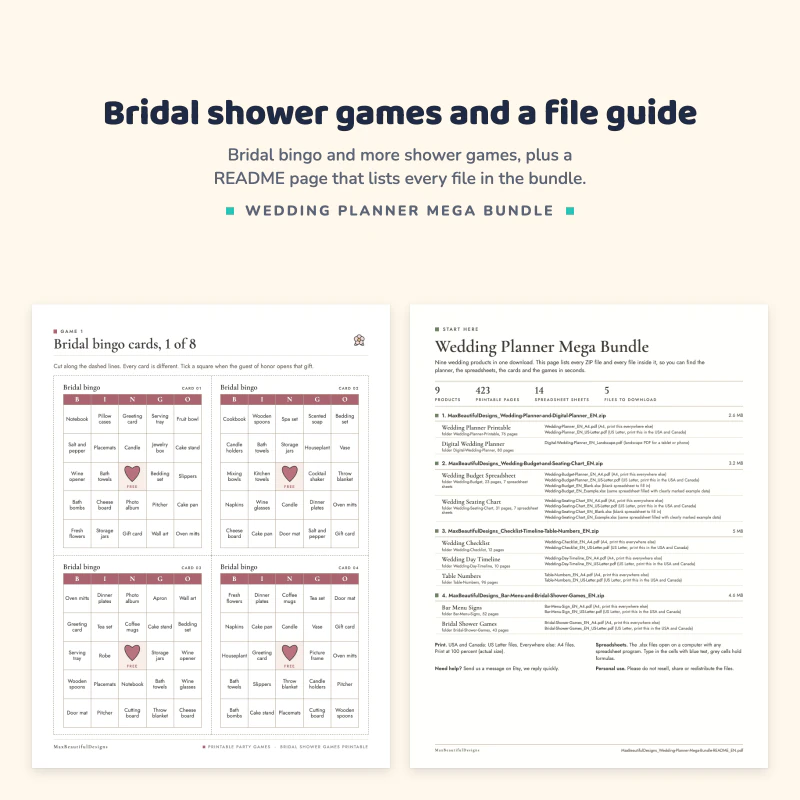 Bridal bingo cards page with four boards, next to the README page that lists all files of the wedding planner mega bundle