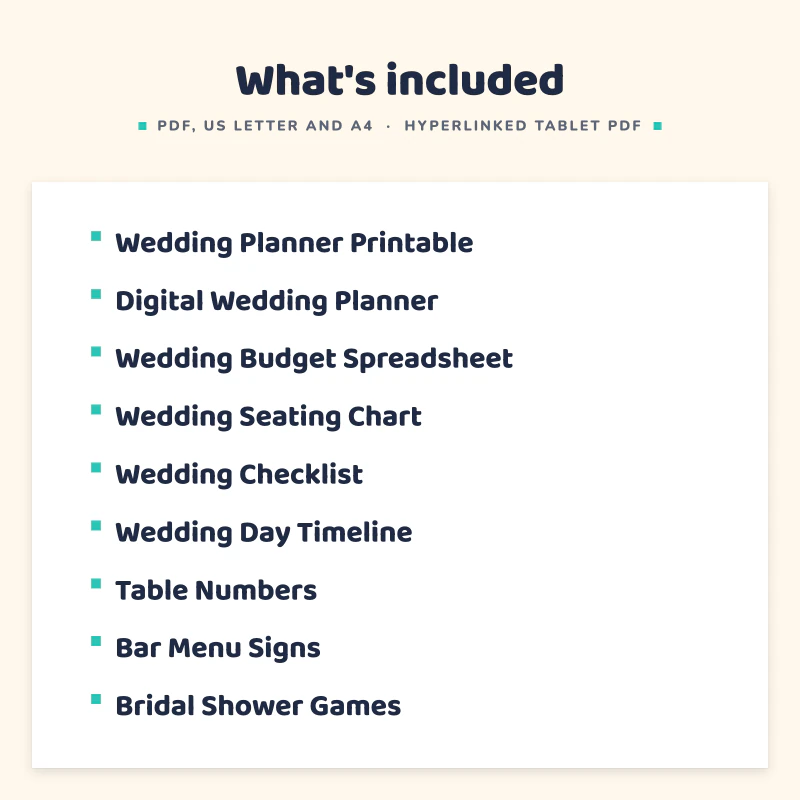 List of what is included in Wedding Planner Mega Bundle: Wedding Planner Printable, Digital Wedding Planner, Wedding Budget Spreadsheet, Wedding Seating Chart, Wedding Checklist, Wedding Day Timeline, Table Numbers, Bar Menu Signs, Bridal Shower Games.